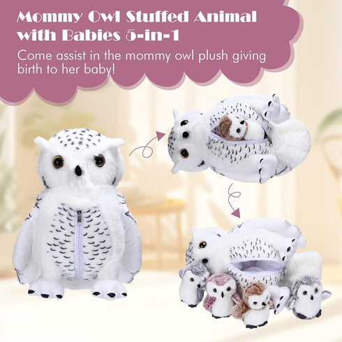 Hollowfly 5 Set 15.7" Mommy 4 Set Pcs Owls Plush Toy Gift White Owls with Cute Babies Stuffed Animal in Zippered Belly