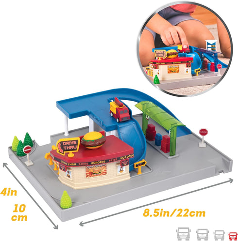 Driven by Battat Gas Station & Drive-Thru Restaurant Playset - 5-Piece Toy Car Accessories for Kids, 3 Years +