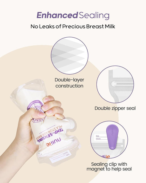 100pcs 6oz Nuliie Temp-Sensing Breastmilk Storage Bag, Huge Temp-Sensing Icon & Locking Clamp, Breast Milk Storage Bags