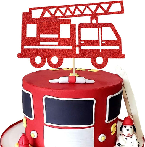 Fire Truck Cake Topper - Glitter Fireman Themed Party Decoration for Graduation or Birthday Party Supplies