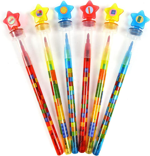 24 2 1 TINYMILLS Pcs Color Blocks Brick in Stackable Stacking Crayon with Extra Stamper Topper, Kids Party Favors