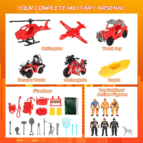 Playset, Kids Firefighter Action Figures Fireman Figures Toys with Tools, Red Fire Trucks, Army Vehicles, Helicopter
