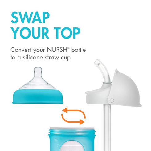 Boon 2 8 Oz 3 Count Nursh Reusable Silicone Baby Bottles with Conversion Straw Sippy Cup Lids - Stage Medium Flow