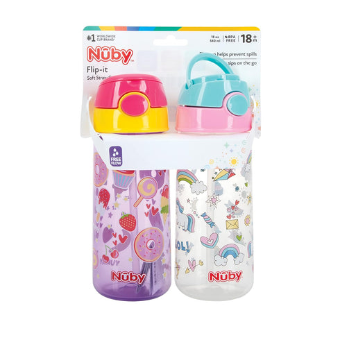 Nuby 2-Pack Kid’s Printed Flip-it Active Water Bottle, 18oz / 540ml with Push Button Cap, 18+ Months