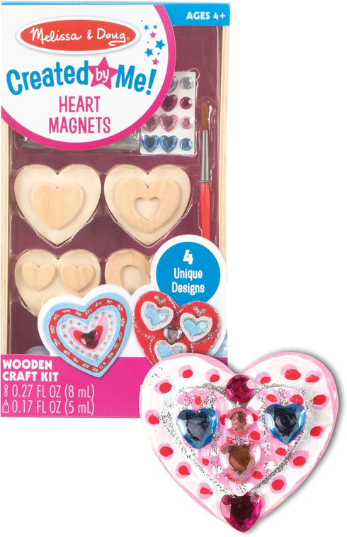 Melissa & Doug Created by Me! Wooden Heart Magnets Craft Kit - 4 Designs, 4 Paints, Stickers, Glitter Glue, 8.75 x 5