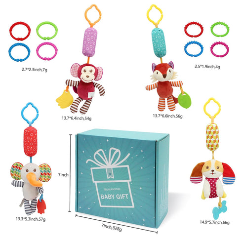 BLOOBLOOMAX Baby Car Seat Toys, Infant Soft Plush Rattle, Cute Animal Doll,Early Development Hanging Stroller Toys for Newborn Boys Girls Gifts (12 PCS)