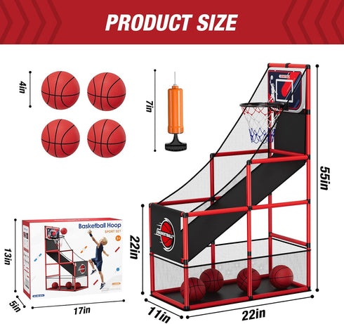 Basketball Arcade Game Indoor Outdoor, Kids Basketball Hoop with 4 Balls & Pump, Single Shot Basketball Game at Home,