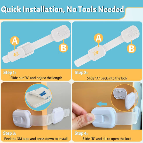 YOLCAR 2 Pack 3M Safety Locks Duo - Fridge Locks for Kids, Adjustable Adhesive Cabinet Locks, No Drilling