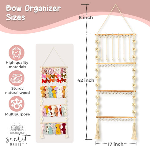 Headband Holder - Macrame Bow Organizer for Baby Girl with 48 Metal Hooks, 6 Slings & Wooden Bead