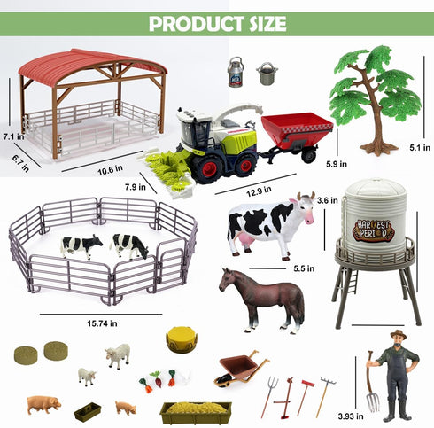 Farm Animals Toys Set - Barn Toy Combine Harvester Tractor with Trailer and Figures Playset for Kids 3-7 Years Old