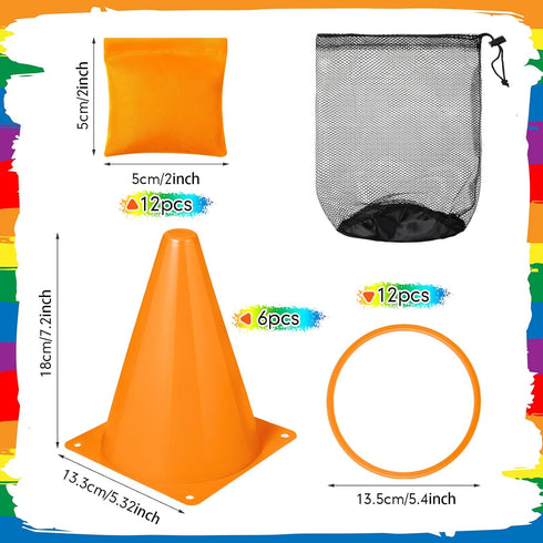 43 Pcs 3 in 1 Carnival Outdoor Games Combo Set for Kids, Includes 6 Plastic Cones, 12 Ring, 12 Bean Bags, 10 Foot