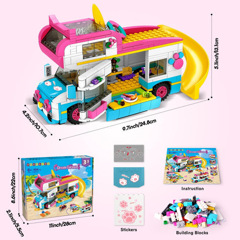 HOGOKIDS 3-in-1 Girls Camper Van Building Set, 494PCS Summer Beach Camping Blocks and Food Truck Toys