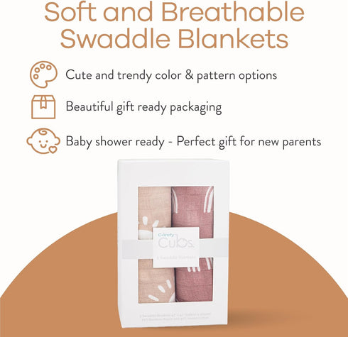 Comfy Cubs 2 Pack Muslin Swaddle Blankets, Neutral Receiving Blanket Swaddling Wrap for Boys and Girls