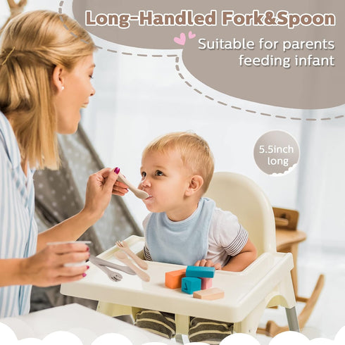 6 Pieces Silicone Baby Feeding Forks and Spoons Set, Mini Kids Utensils for 6 Months and Up (Cream Color)