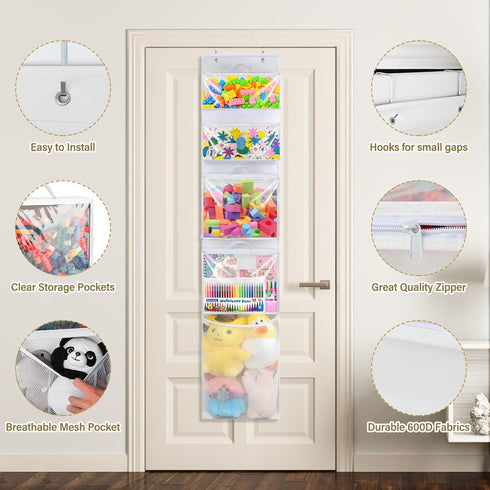 Hanging Toy Storage over Door, Block Stuffed Animal Organizer with 4 Removable Case Bags, Mesh Pocket Holder