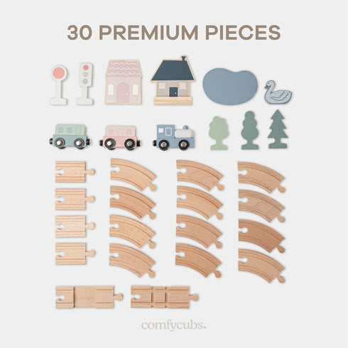 30-Piece Set 1+, Set Comfy Cubs Wooden Train for Toddlers Ages Fun & Eco Friendly Toddler Train with Wooden Toy Tracks