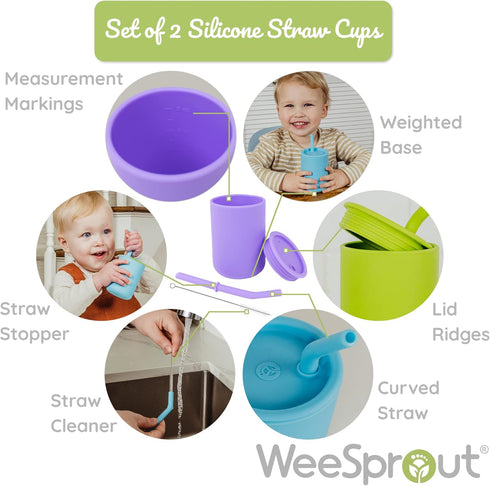 WeeSprout Silicone Baby Cups with Straws and Lids, Set of 2, 4 & 8 oz Food Grade Toddler Training Containers
