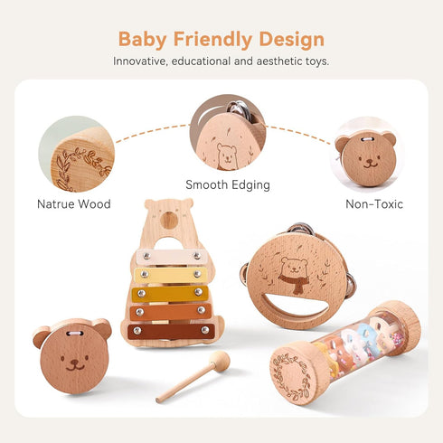 Set IEATFO Baby Musical Instruments - Your Child's First Musical Toys with Castanet Rainmaker Tambourine Xylophone