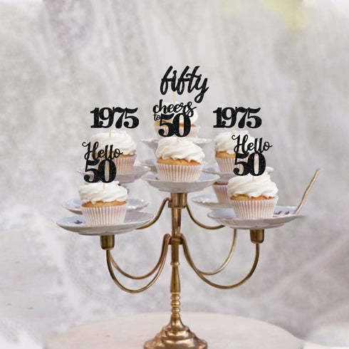 24 PCS Black 50th Birthday Cupcake Toppers, Glitter Hello 50 Cupcake Topper for 50th Birthday Party