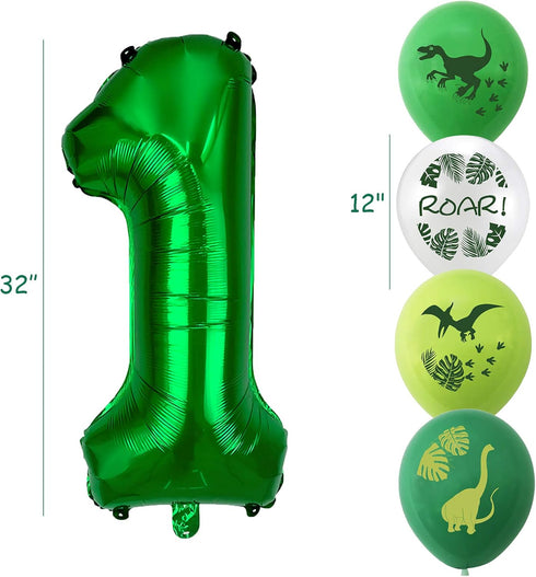 Happy 1st Birthday Decorations - Large Dinosaur Foil Balloons, Number 1 & Dinosaur Printed Balloons, Banner for Boy &