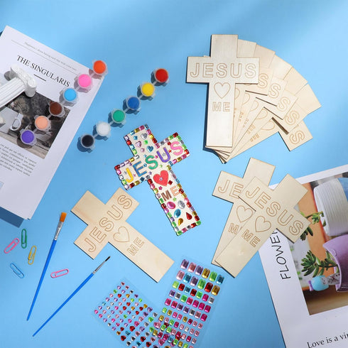 37 24 Pack 12 1 Set PullCrease Pcs Christian Easter Crafts for Kids Religious DIY Wooden Crosses Craft Kit Sunday