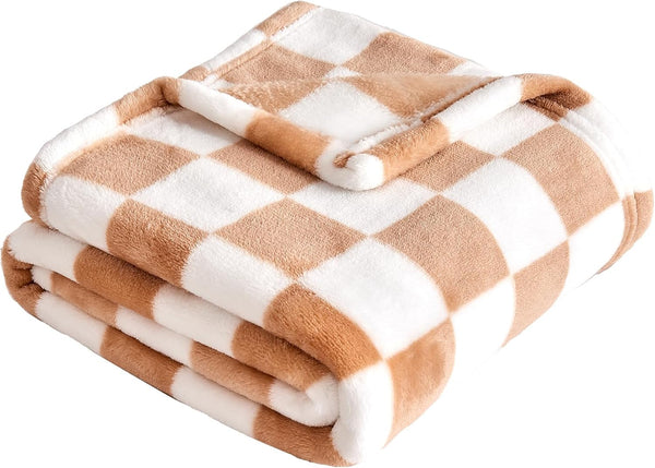 Checkered Baby Blanket, Fleece Baby Blankets, 30''x40'', Khaki, for Boys Girls
