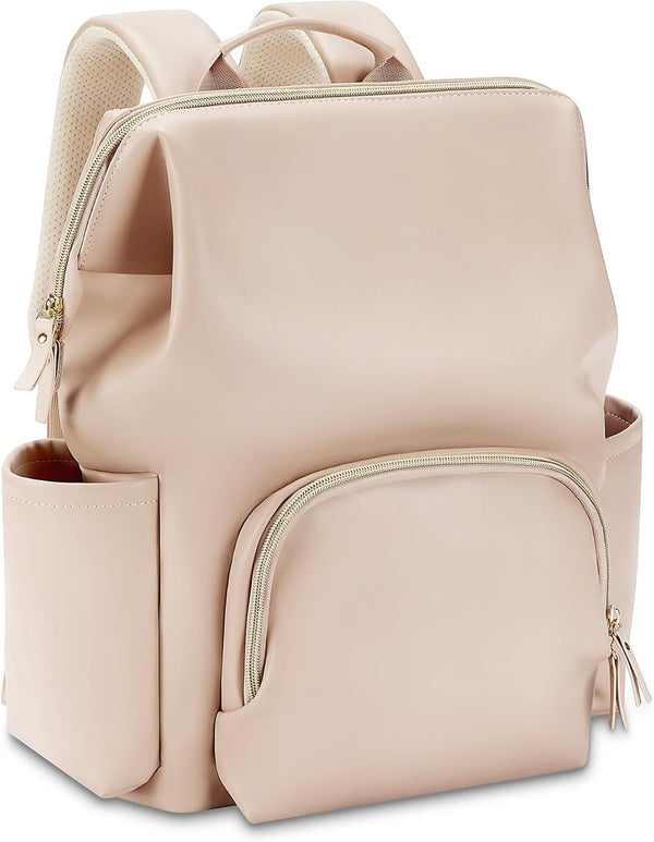HolaJia Faux Leather Diaper Bag Backpack with Waterproof Pockets,Stroller Buckle and Changing Pad