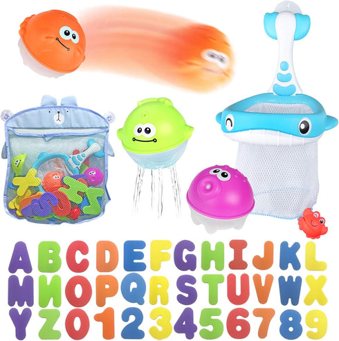MoraBaby Bath Toy Sets, 36 Foam Bath Letters and Numbers, Floating Squirts Animal
