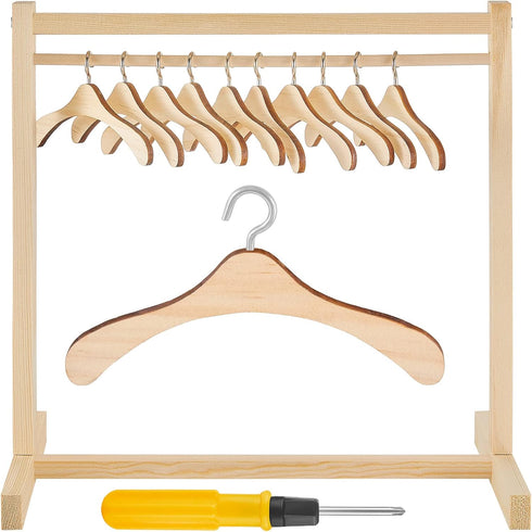 11 Pcs Doll Closet with Wooden Hangers, 11.8 Inches Mini Doll Clothes Rack, Wardrobe Furniture Accessories