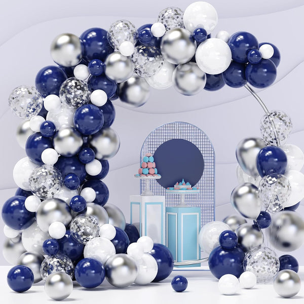 Blue Silver Balloons Garland Kit - 120 pcs Navy Blue and Silver Confetti Balloons Arch for Party Decoration