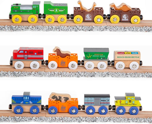 Toys 12 (18 Pcs) Wooden Engines & Train Cars Collection with Animals, Farm Safari Zoo Compatible with Thomas