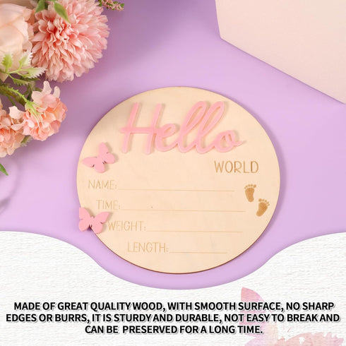 Lyreh Baby Announcement Board, Wooden Hello World Welcome Newborn Plaque Baby Birth Name Sign Board for New Born Boys
