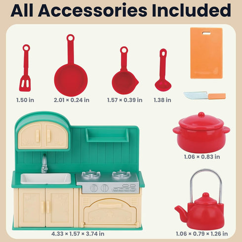 Set 3+ Family Dollhouse Kitchen Miniature Stove, Sink & Oven with Frying Pan, Saucepan, Kettle, Utensils & Cutting