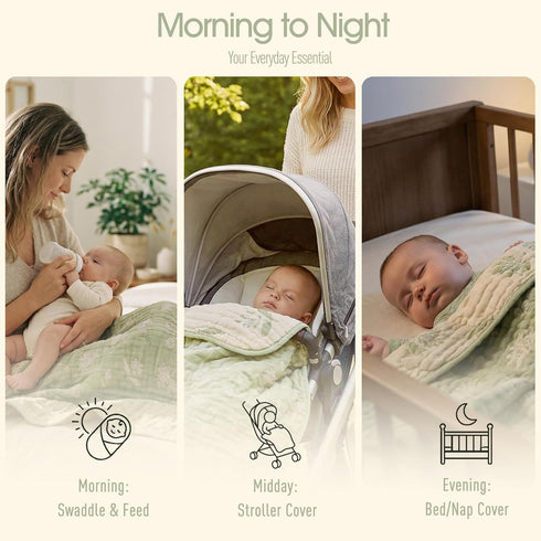 43x43 Ultra Soft Muslin Baby Blanket - Made with Organic Cotton, Earthy Botanicals Jacquard Swaddle & Crib Quilt, (Sage