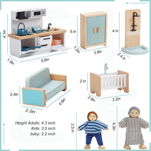 36pcs Wooden Dollhouse Furniture Set with 4 Family Dolls - Blue Dollhouse Accessories for Pretend Play Toys