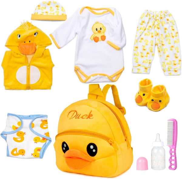 PEDOLLTREE Reborn Baby Dolls Clothes Accessories Yellow Duck 9pcs Set with Backpack