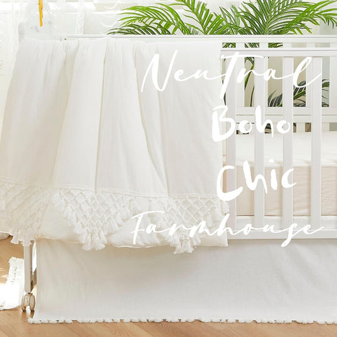 100% Brandream Boho Bohemian Girl Boy Baby Nursery Crib Bed Skirt Dust Ruffle - Neutral Solid Color Cream Off White
