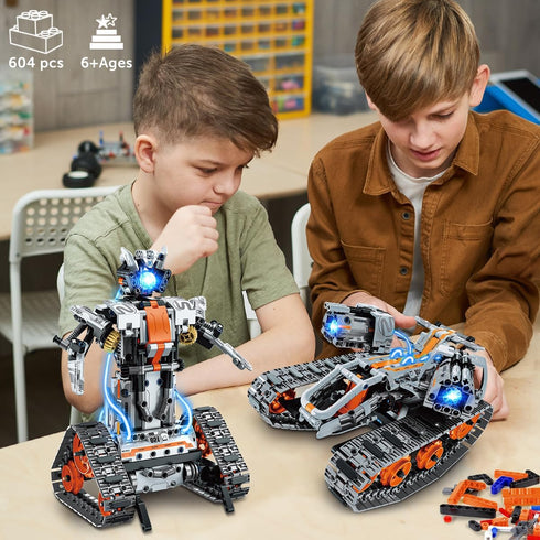 5-in-1 STEM Building Toys with LED Light, 604 PCS RC Tech Tank Robot Sleigh Gift for Kids Ages 6-12+