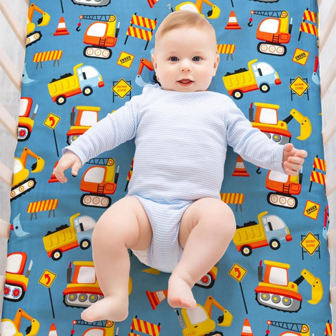 FIGEPO 4 Pack Set Baby Boy Crib Sheets Soft Fitted Baby Boy Mattress Covers Construction Truck or Dinosaur Theme