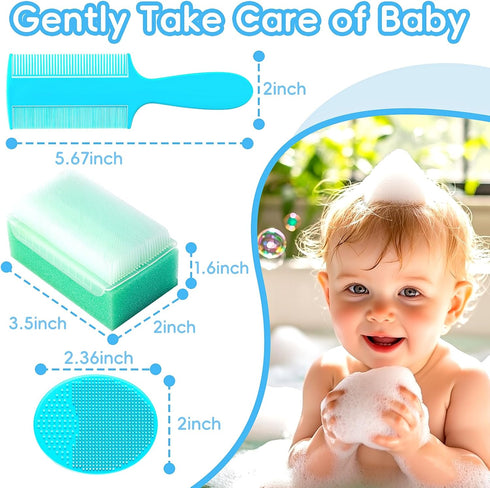 Set 5 Cradle Cap Brush for Babies, of Baby Bath Essentials with Bath Sponge Silicone Scrubber Long Handle Comb
