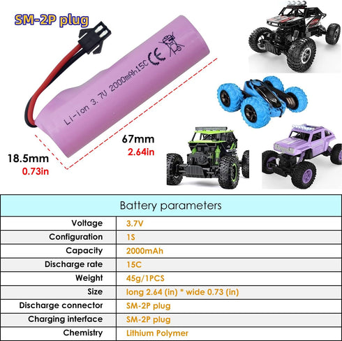 3PCS 3.7V 2000mAh SM-2P Plug Lithium Battery with USB Charging Cable for Off-Road Vehicle Truck RC Toys