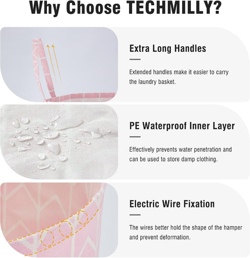 TECHMILLY Large Storage Basket for Girls and Boys, Collapsible Laundry Hamper with Long Handles, Toy Bins