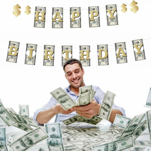 Money Dollar Bill Signs Theme Paper Happy Birthday Banner, Bill Pennant Banner Party Decorations
