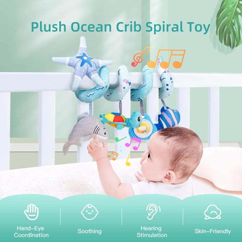 Upscale Trail 5-Piece Set 0-6 1 Deluxe Spiral Plush Toy - Cute Hanging Baby Rattle Animals including Shark Ideal