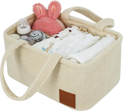 Fasty Baby Baby Diaper Caddy Organizer: Soft Beige Teddy Wool - Portable Diaper Caddy, Car Organizer - Newborn