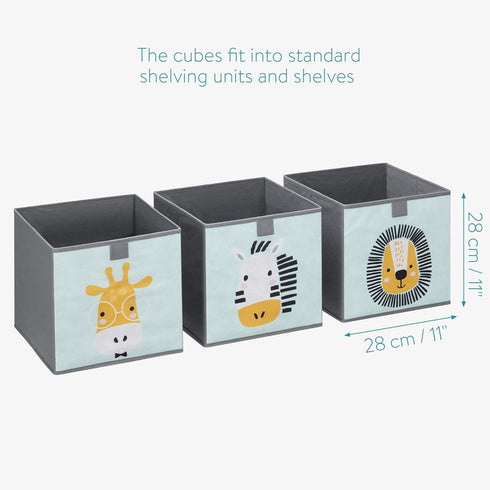 Navaris Kids Storage Cubes Set of 3, 11x11x11 Fabric Organizer Bin with Animal Designs in Mint Green