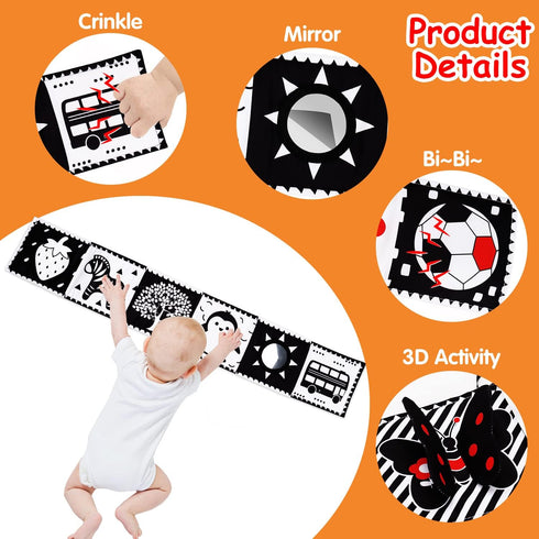 Black and White High Contrast Baby Toys, Soft Book for Newborn Brain Development, Infant Sensory Crinkle Toys