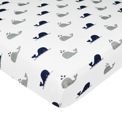 American Baby Company 100% Natural Cotton Fitted Pack and Play Sheet, 39" x 27", Navy Whale for Boys & Girls