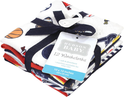 12 Pack, Hudson Baby Unisex Baby Flannel Cotton Washcloths, Sports Fan One Size