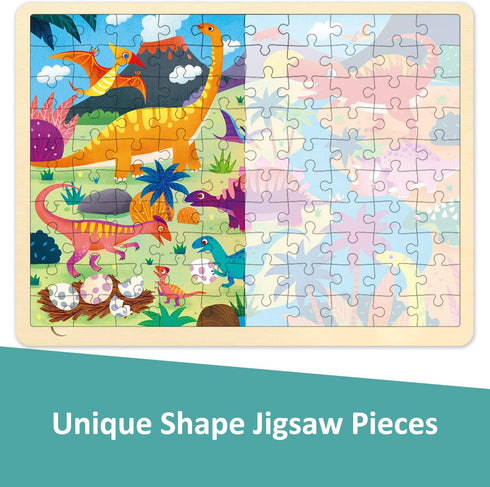 Wooden Puzzles for Kids Ages 3-5 - 100 Piece Dinosaur Jigsaw Puzzle for Ages 4-8 with Unique Pieces